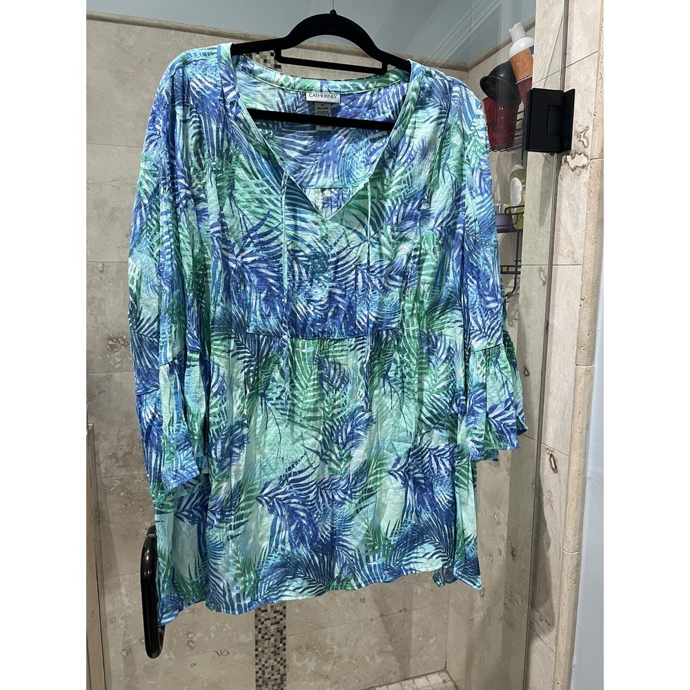 Catherines Womens Plus Size 3X Palm Print Tunic Blouse Blue Green Bell Sleeve